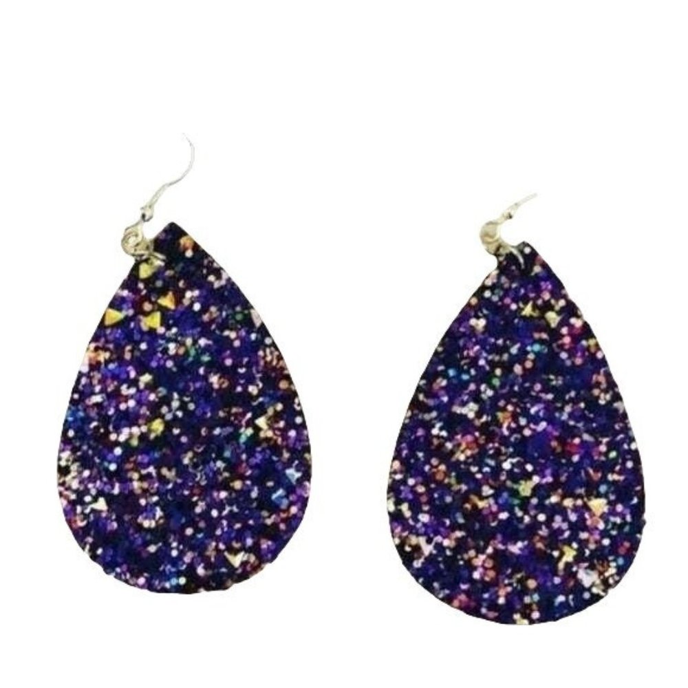 Purple Glitter Teardrop Earrings Lightweight Almond Shaped - NEW NWT